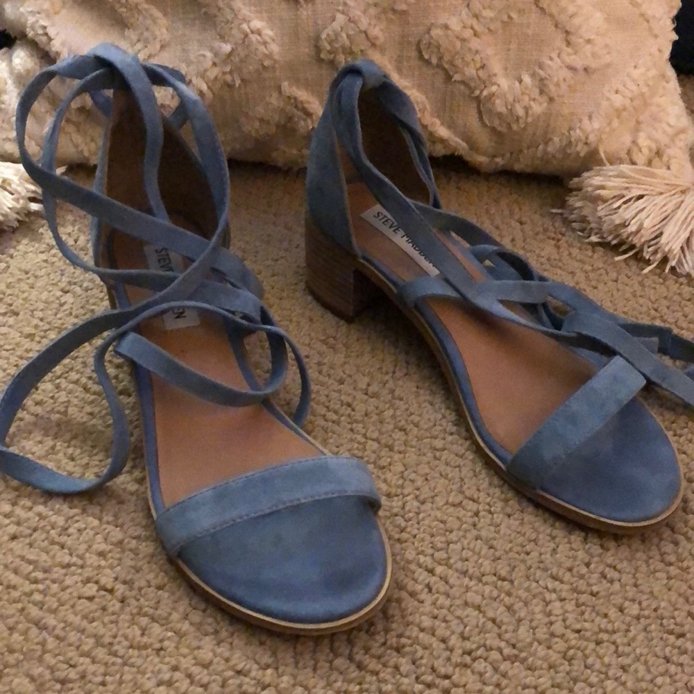 Blue suede stack heel sandals w ankle tie.